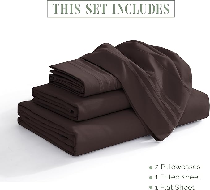 Elegant Comfort Luxurious 1500 Premium Hotel Quality Microfiber Three Line Embroidered Softest 4-Piece Bed Sheet Set, Wrinkle and Fade Resistant, Full, Chocolate Brown