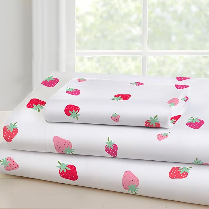 Wildkin 100% Cotton Toddler Sheet Set – Soft & Cozy Bed Sheets - Strawberry Patch