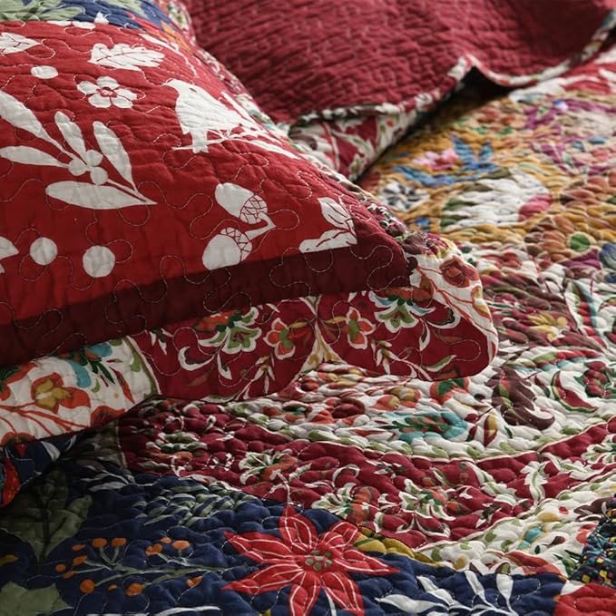 ENASAL Cotton Bedspread Quilt Sets Reversible Bedding Coverlet Sets Comforters Vintage Luxury Damask Floral Real Patchwork Burgundy Bedspread,King Size | Breathable material, Cotton soft durable, Reversible, Jacquard stitching, Machine waschable
