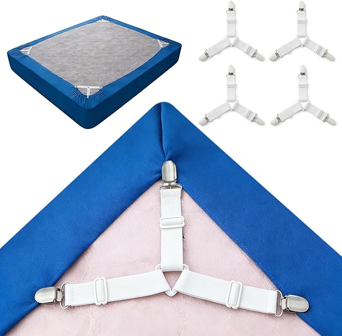 Bed Sheet Straps - Adjustable Sheet Suspenders for Queen King Twin Mattress, Elastic Mattress Straps for Sheets with Metal Clips, 4PCS Triangle Sheet Fasteners (White)