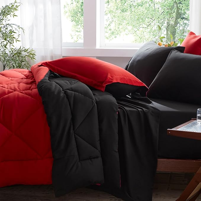 Anluoer King Comforter Set，Red and Black Bed in a Bag 7 Piece，Lightweight Bedding Set with Soft Down Alternative Fill，Bed Set Includes Comforter, Fitted Sheet, Flat Sheet，Pillowcases and Shams