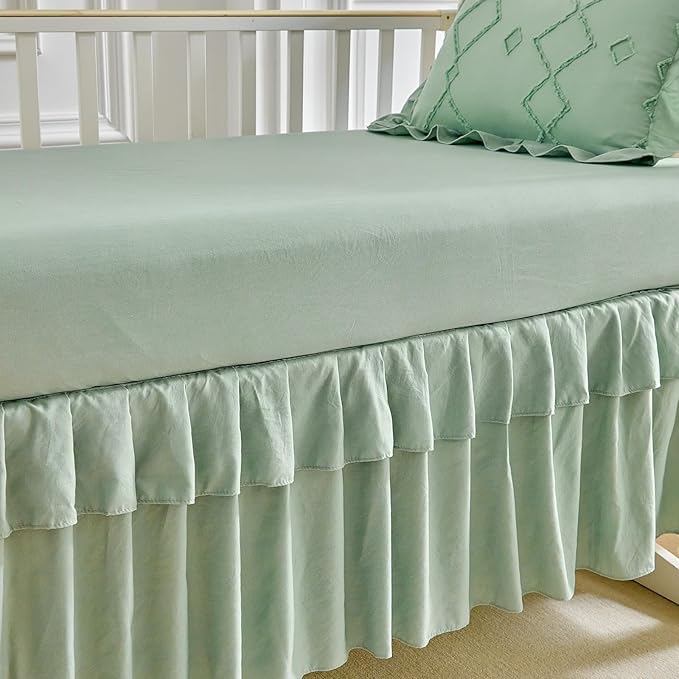 AIKASY The Ruffled Shabby Crib Bedding Set for Girls, Baby Quilted Comforter with Fitted Sheet, Bed Skirt, and Pillowcase.