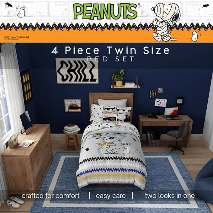 Peanuts Snoopy Bedding Set, 4 Piece Super Soft Reversible Comforter and Sheet Set, Twin, (100% Officially Licensed Product) by Franco Collectibles