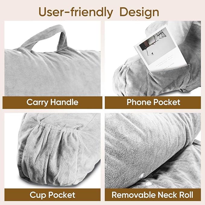 Reading Pillow for Sitting in Bed Adult, Reading Pillow with Shredded Memory Foam (LightGery, Extra Large 25" H)
