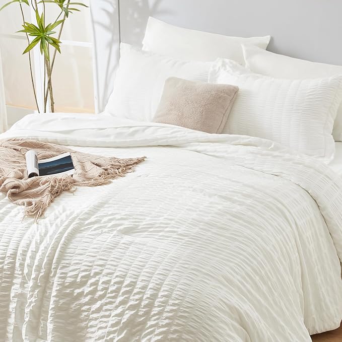 CozyLux Full Size Comforter Sets with Sheets Seersucker 7 Pieces Ivory Bed in a Bag Textured Luxury Soft Bedding Set with Down Alternative Comforter, Sheets, Pillowcases & Shams for All Seasons