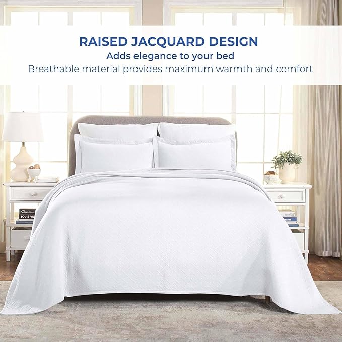 Superior 2 Piece Basketweave Cotton Bedspread Set, Home Bed Decor, Decorative Bed Spread, 1 Pillow Sham, Medium Weight Blanket, Matelasse Coverlet Bedding, Geometric Lattice Pattern, Twin, White
