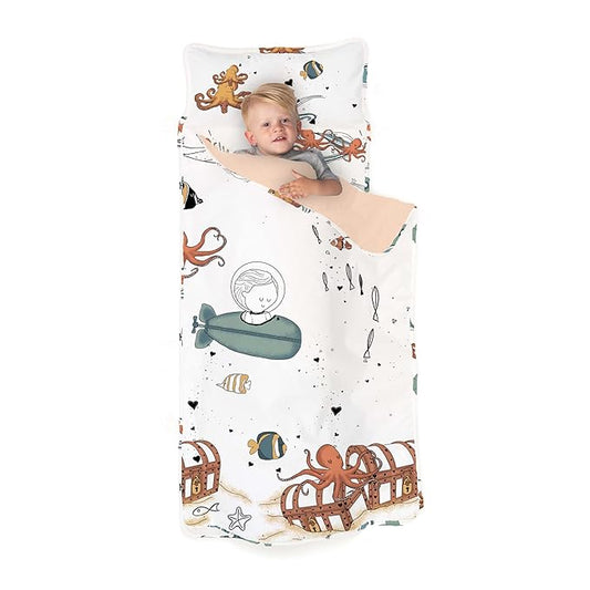 JumpOff Jo Extra Long Nap Mat for Kids - Cozy Kids Rest Mat with Removable Pillow and Ultra Soft Blanket for Preschool, Daycare, and Sleepovers - Octopus Treasure