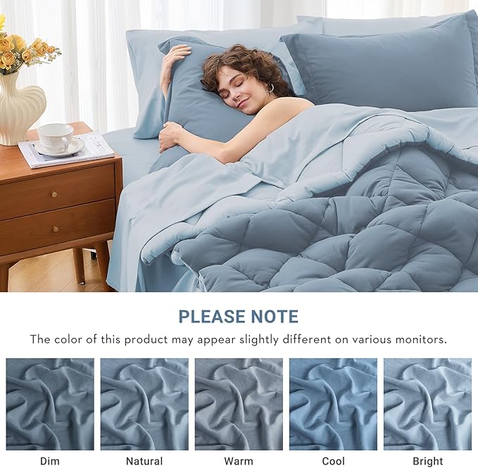MUXHOMO 5 Pieces Twin XL Comforter Set, Reversible Bed in a Bag Twin XL Size, All Season Bedding Set with Comforter, Flat Sheet, Fitted Sheet, Pillowcases & Shams, Mineral Blue & Light Blue
