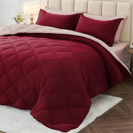 MUXHOMO 7 Pieces Full Comforter Set, Reversible Bed in a Bag Full Size, All Season Bedding Set with Comforter, Flat Sheet, Fitted Sheet, Pillowcases & Shams, Burgundy & Rose Gold