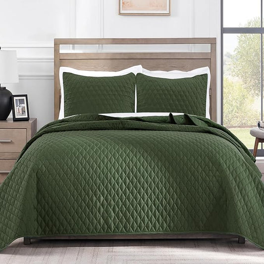 Exclusivo Mezcla Reversible Twin Quilt Bedding Set with Pillow Sham, Lightweight Quilts Twin Size, Soft Bedspreads Bed Coverlets for All Seasons - (Olive Green, 68"x88")