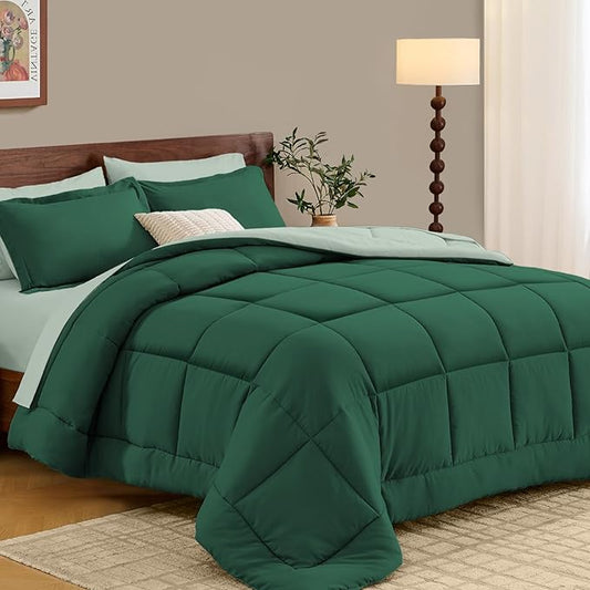 FUANNA King Size Comforter Set 7 Pieces, Reversible Bedding Sets with All Season Comforter, Bed in a Bag Includes Comforter, Flat Sheet, Fitted Sheet, Pillowcases & Shams, Emerald Green & Sage Green