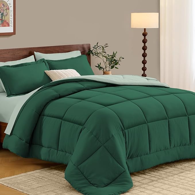 FUANNA Queen Comforter Set 7 Pieces, Reversible Bed in a Bag with All Season Soft Comforter, Bedding Sets Includes Comforter, Flat Sheet, Fitted Sheet, Pillowcases & Shams, Emerald Green & Sage Green