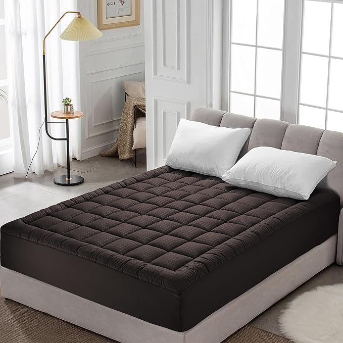 HYLEORY Full Mattress Pad Quilted Fitted Mattress Protector Cooling Pillow Top Mattress Cover Breathable Fluffy Soft Mattress Topper with 8-21" Deep Pocket, Brown
