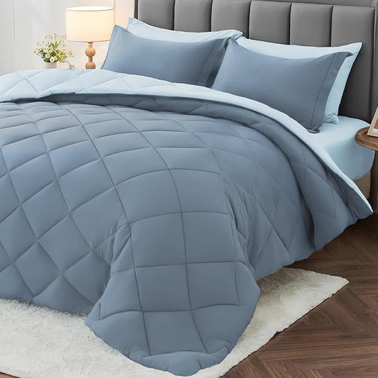 MUXHOMO 5 Pieces Twin XL Comforter Set, Reversible Bed in a Bag Twin XL Size, All Season Bedding Set with Comforter, Flat Sheet, Fitted Sheet, Pillowcases & Shams, Mineral Blue & Light Blue