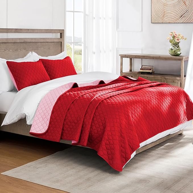Exclusivo Mezcla Reversible King Size Quilt Bedding Set with Pillow Shams, Lightweight Quilts King Size, Soft Bedspreads Bed Coverlets for All Seasons - (Red, 104"x96")