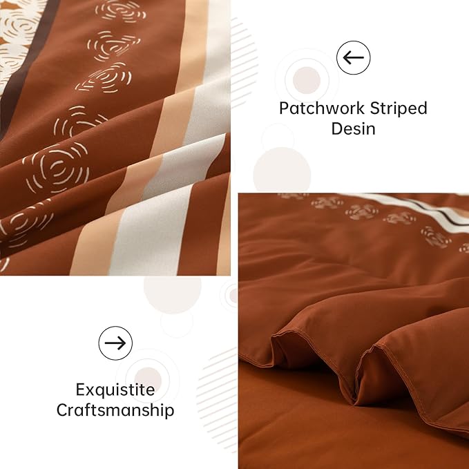 Anibedding Comforter Set King Size,8 Pieces Orange Boho Bed in a Bag Patchwork Striped Comforter Set, Soft Microfiber Bedding Set for All Season(104"×90")