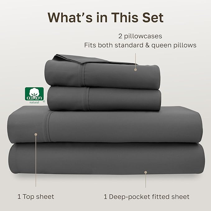 California Design Den Soft Queen Sheet Set - Soft 400 Thread Count Sateen, Natural 100% Cotton Sheets for Queen Size Bed, Deep Pockets for a Snug Fit, Durable Bedding Set - Grey