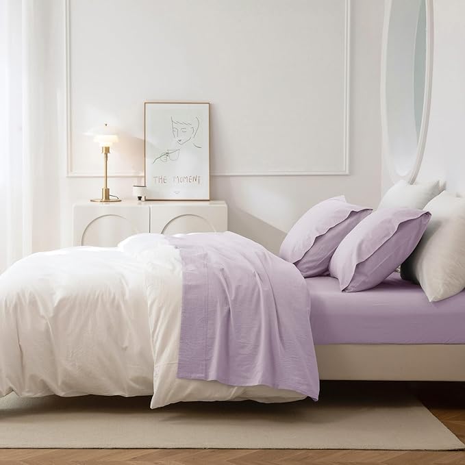 JIYUAN 100% Washed Cotton Sheet Set 3 Pieces Twin,1 Fitted Sheet,1 Flat Sheet and 1 Pillowcase, Comfy and Breathable Linen Like Bedding Set,Heathered Light Purple