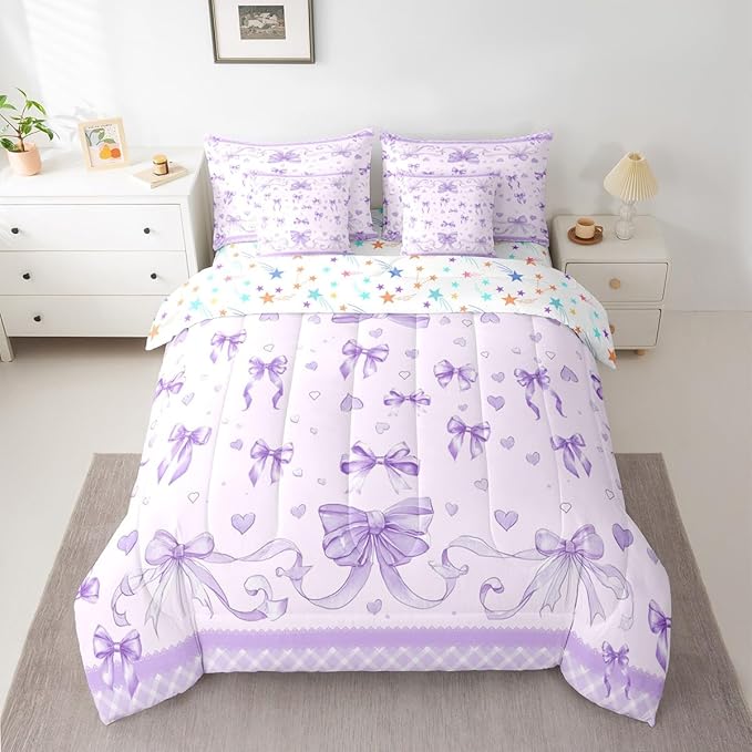 Feelyou Bowknot Comforter Set with Sheets 7 Piece Twin Size Dreamy Princess Bedding Set for Kids Boys Girls Cute Bow Bed in a Bag Love Hearts Room Decor Soft Lightweight Microfiber
