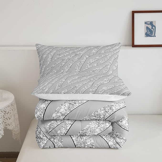 Feelyou Leopard Print Comforter Set Grey Silver Zebra Print Bedding Set Cheetah Glitter Comforter for Kids Boys Girls Women Africa Animal Fur Quilt Room Decor Duvet Set for All Season Full Size Boys