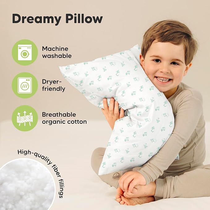 KeaBabies 2-Pack Toddler Pillows 2 Year Old to 5-13x18 Soft Organic Cotton Kids Pillow for Sleeping, Travel, School, Daycare, Nap, Toddler Bed, Machine Washable, Without Pillowcase (Excavator)