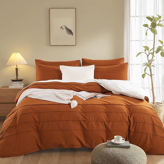 NEXHOME PRO 100% Organic Cotton Duvet Cover Oalifornia King,Linen Like Pleated Textured Terracotta Burnt Orange Duvet Cover Set, 3pc Bedding Set with Zipper Closure, Soft,104"x98", No Comforter