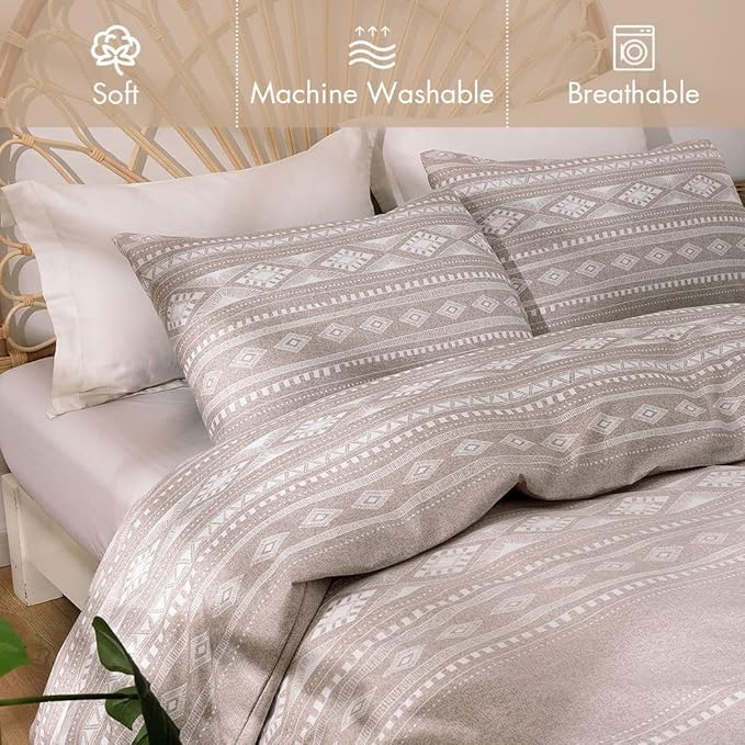 Lekesky Duvet Cover Queen Size, Soft Microfiber Boho Aztec Duvet Cover Set Geometric Khaki Queen Bedding Duvet Cover Sets with Zipper Closure Corner Ties (No Comforter)