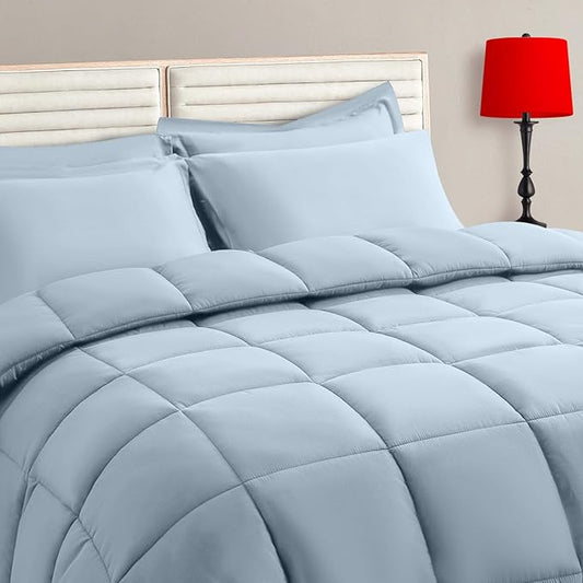 TAIMIT Light Blue King Comforter Set - 7 Pieces, Bed in a Bag Bedding Sets with All Season Soft Quilted Warm Fluffy Comforter,Flat Sheet,Fitted Sheet,2 Pillow Shams,2 Pillowcases