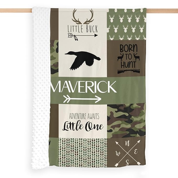 Personalized Baby Blankets for Boys, Baby Blanket for Boys with Name, Soft Plush Receiving for Newborns - Essential Baby Items, Camo Woodland Bear 35x45 Inches