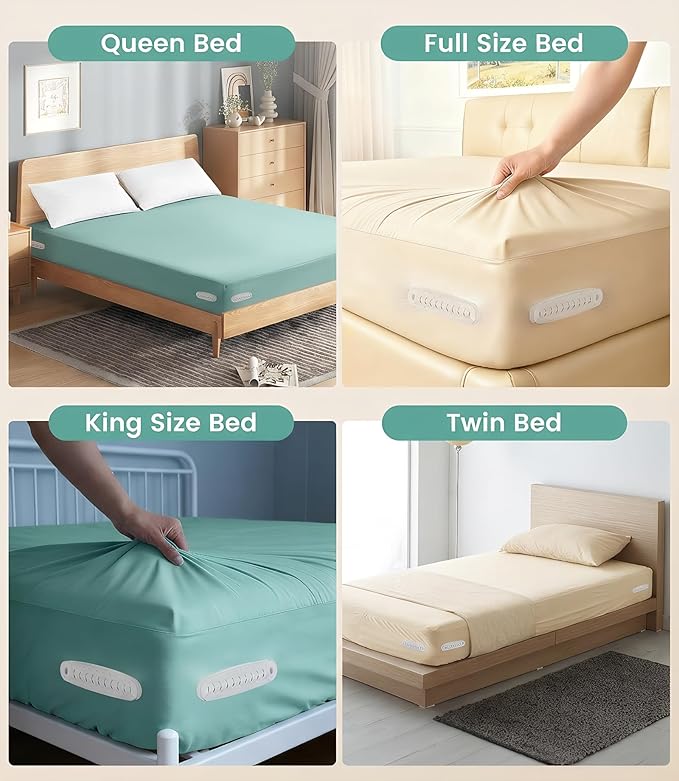 UNILEAF Bed Sheet Holders for Corners, 4-Pack Bed Sheet Grippers, Fabric-Safe Fitted Sheet Holder, No-Lift Corner Clips, One-Time Install, Universal Fit for Twin–King Mattresses
