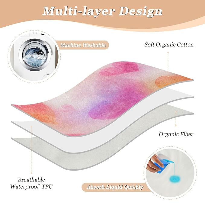 Waterproof Bed Pad Reusable Changing Pad Toddler Mattress Protector Large Pee Pad Baby Diaper Pad Soft Washable Liner Valentine Watercolor Heart Pink