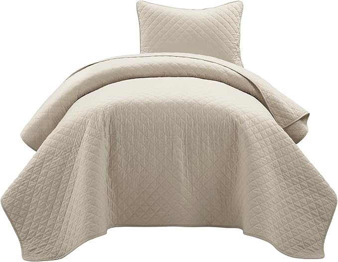 Lush Decor Ava Quilt Diamond Pattern Solid 2 Piece Oversized Bedding Blanket Bedspread Set - Twin-XL - Neutral