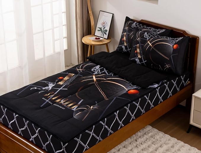 Meeting Story 3pcs Kids Comforter Set Twin Zipper Bedding Set for Boys,Ball Bedding Set Sport Comforter Set for Kid,All in one Zipper Bedding（BlackGold,Twin）