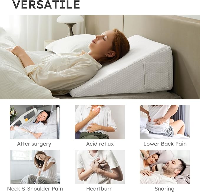 Bedluxe Wedge Pillow, 12 inch Bed Wedge Pillow for Headboard, Pillow Wedge for Acid Reflux Relief, Sleeping, After Surgery, Snoring, Gerd, Triangle Pillow Wedge - Cooling Memory Foam Top, White