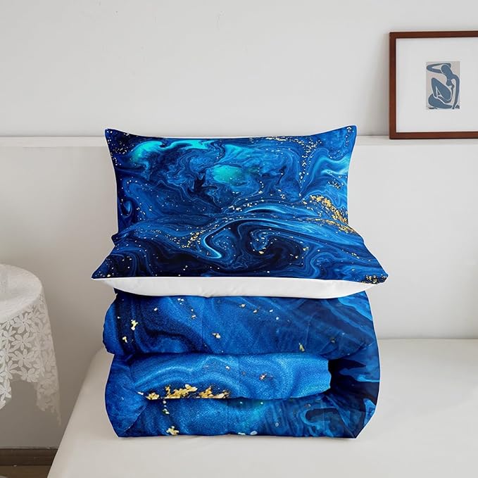 Blue Marble Comforter Set Twin, Ombre Blue Fluid Bedding Set Trippy Liquid Down Comforter Gypsy Golden Sequins Printed Duvet Set Tie Dye Gradient Soft Bedding Comforter Sets with 2 Pillowcases
