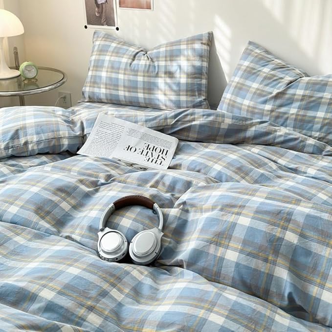 LifeTB Blue Plaid Duvet Cover Set King Washed Cotton Reversible Plaid Bedding Set King Modern Buffalo Grid Duvet Cover with 2 Pillowcases for Men Women Checkered Gingham Duvet Cover King Size