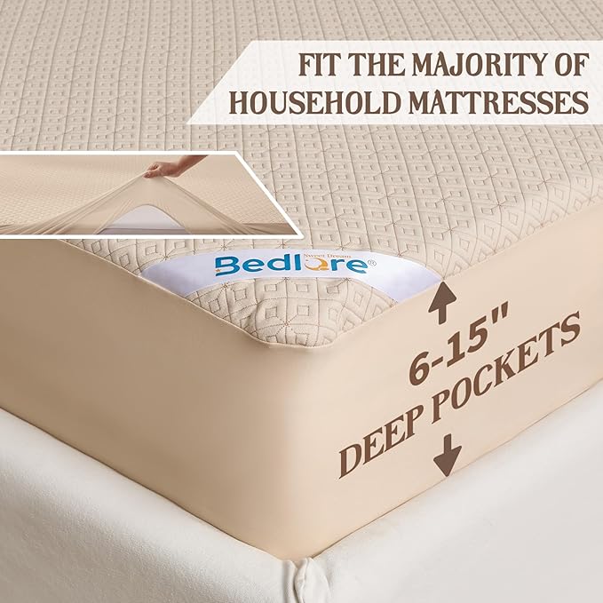 BEDLORE Twin Size Mattress Protector, Waterproof Noiseless Mattress Cover with Stretchable Pockets for 6-15 inches Mattress, Soft Breathable Mattress Pad for College Dorm (Beige)