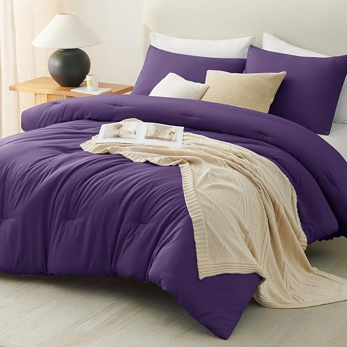 CozyLux King Size Comforter Set Purple, 3 Pieces Solid Breathable Quilted Style Bedding Sets, Luxury Fluffy Soft Bed Set with Down Alternative Comforter for All Season (1 Comforter & 2 Pillowcases)