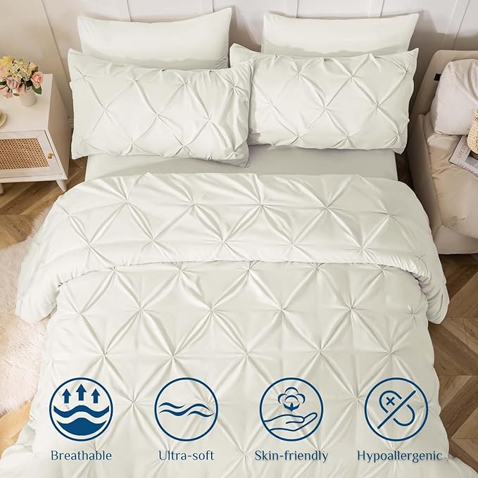 JOLLYVOGUE King Size Comforter Set 7 Pieces - Bed in a Bag King for All Season, Pintuck Bedding Comforter Sets with Comforter, Flat Sheet, Fitted Sheet and Pillowcases & Shams, Ivory