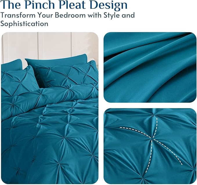 JOLLYVOGUE King Size Comforter Set 7 Pieces - Bed in a Bag King for All Season, Pintuck Bedding Comforter Sets with Comforter, Flat Sheet, Fitted Sheet and Pillowcases & Shams, Teal