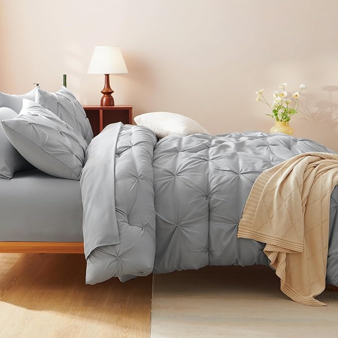 Queen Comforter Set Light Grey, 7 Pieces Pintuck Bed in A Bag Queen Size Bedding, Soft Bed Set All Season Pinch Pleat Comforter Set with Sheets, Pillowcases & Shams