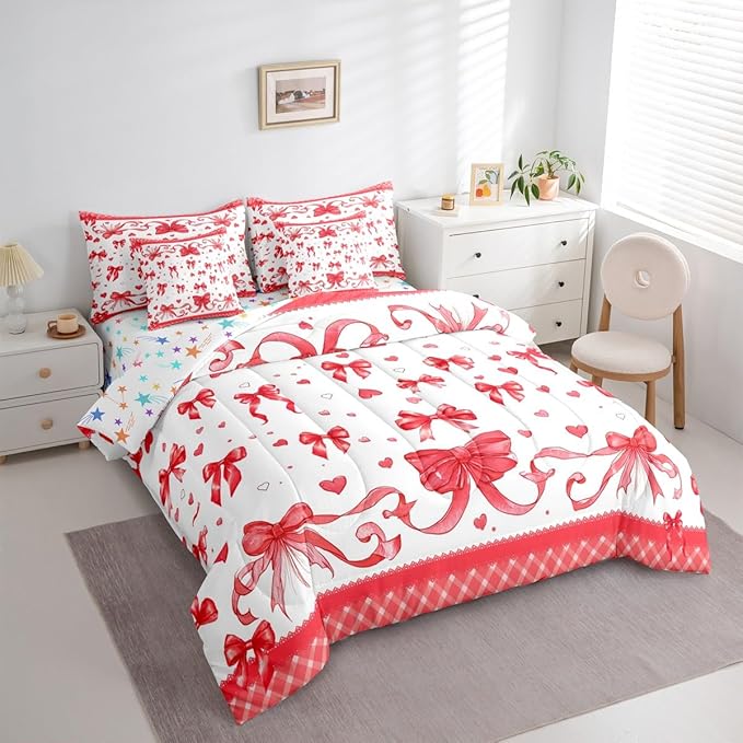 Feelyou Bowknot Comforter Set with Sheets 7 Piece Twin Size Dreamy Princess Bedding Set for Kids Boys Girls Cute Bow Bed in a Bag Love Hearts Room Decor Soft Lightweight Microfiber