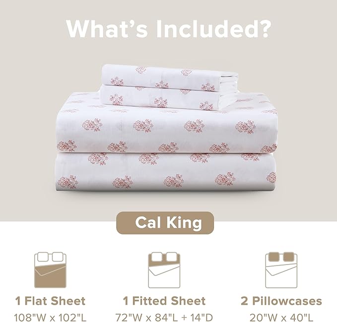 Comfort Spaces 100% Cotton Sheets Cal King, Breathable, Naturally Cool Cotton Sheets, Soft Cotton Bed Sheets with 14" Elastic Pocket Fits up to 16" Mattress, All Seasons Sheet Set, Floral Pink 4 Piece
