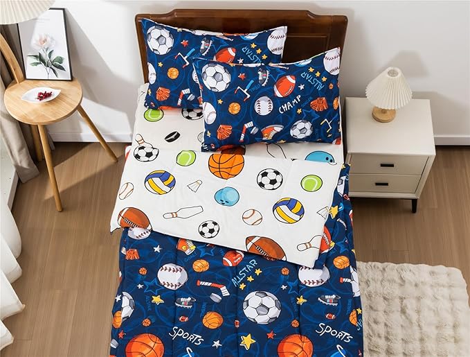 Meeting Story 3pcs Kids Comforter Sets Zipper Bedding Set for Boys,Twin Kid Bedding Set Basketball Football Baseball Comforter Sports Bedding for Kid,All in one Zipper Bedding（Navy,Twin）