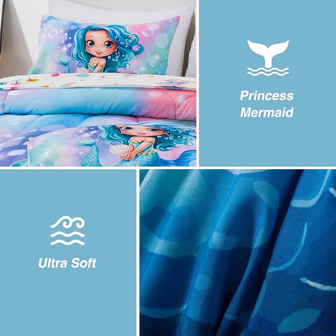 A Nice Night Mermaid Comforter Set Twin 6-Piece Bedding for Girls 3-15 Years, Soft Polyester All-Season Bed in a Bag, Princess Theme Twin Bed Quilt