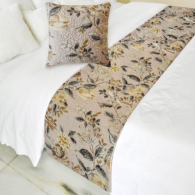 The HomeCentric Beige Bed Runner for King/Queen/Twin Cotton Decorative Bed Scarf 53"x18" Bed Runner Without Pillow Cover, Bird & Floral Bed Scarf Bedroom Décor Accent - Lucinda