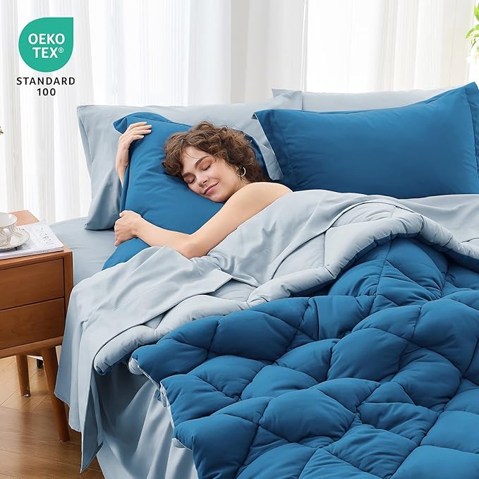 MUXHOMO 7 Pieces California King Comforter Set, Reversible Bed in a Bag Cal King Size, All Season Bedding Set with Comforter, Flat Sheet, Fitted Sheet, Pillowcases & Shams, Teal & Lake Blue