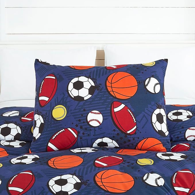 Chezmoi Collection 3-Piece Kids Sports Balls Bedding Comforter Set Twin Size - Soft Microfiber Navy Blue Gray Orange White Printed Football Soccer Basketball Baseball Tennis Sports for Kids/Teens