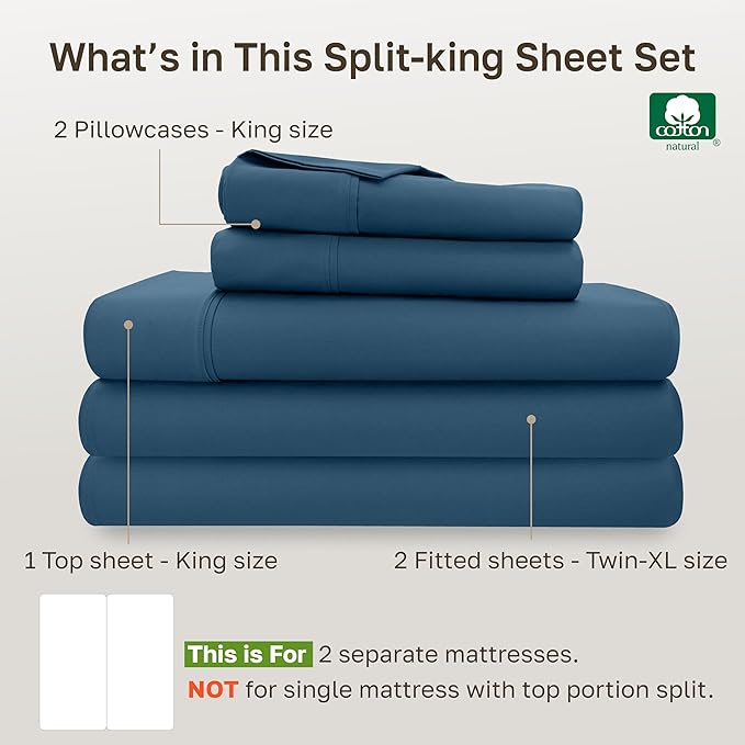 California Design Den Split King Sheets Sets for Adjustable Bed - Soft 100% Cotton Sheets, 400 Thread Count Sateen, Deep Pockets, Durable Bedding - Peacock Blue