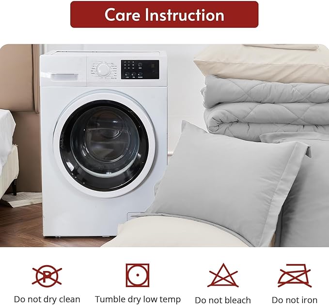 MUXHOMO 7 Pieces California King Comforter Set, Reversible Bed in a Bag Cal King Size, All Season Bedding Set with Comforter, Flat Sheet, Fitted Sheet, Pillowcases & Shams, Light Grey & Beige